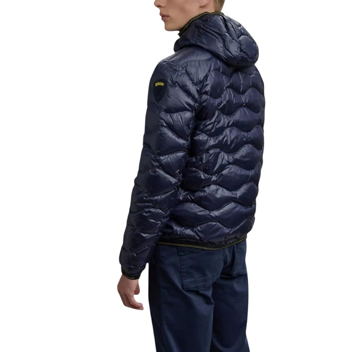 Giubbotto Blauer Piumino ad onde WAVE uomo blu con cerniera cappuccio tasche maniche lunghe - vista laterale posteriore indossato da modello