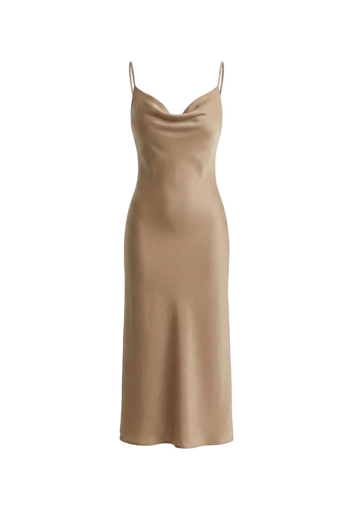 vestito midi beige da donna Guess AKILINA DRESS. Realizzato con una pregiata miscela di 58% lyocell e 42% viscosa. silhouette sinuosa con spalline sottili e scollo morbido drappeggiato. Vista frontale stesa