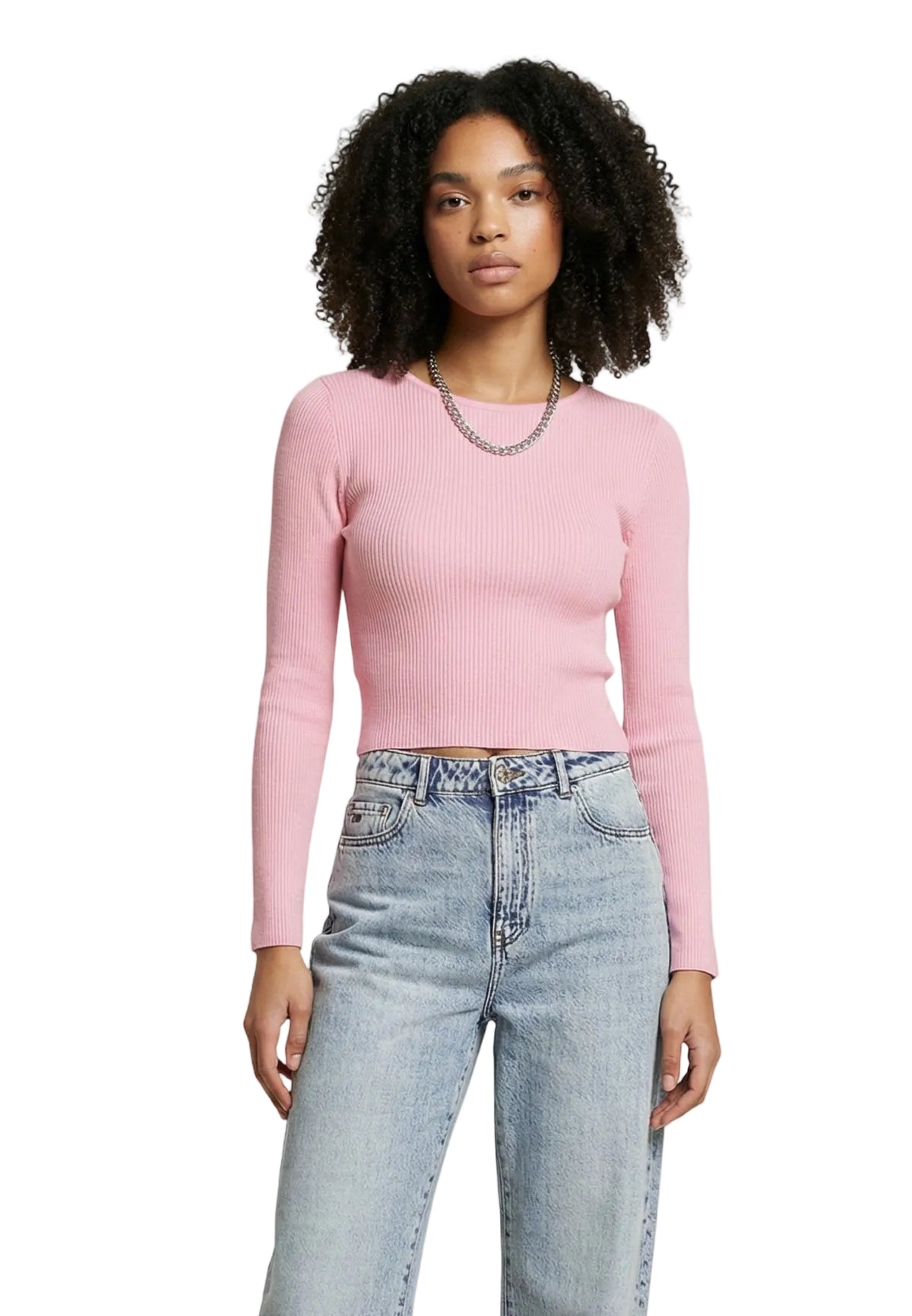 Maglione rosa a costine Only Onlmist girocollo, vestibilità slim e taglio corto, composizione in viscosa e nylon.