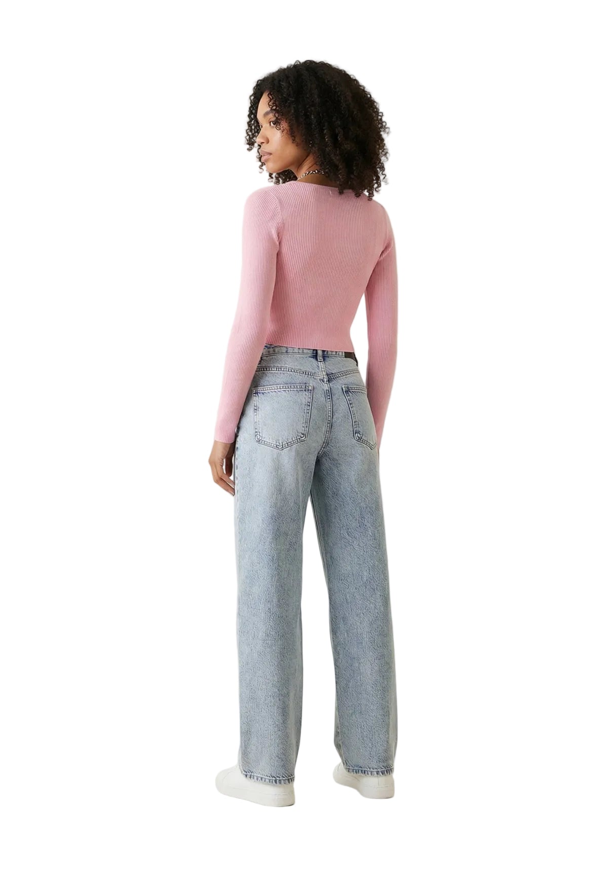 Maglione rosa a costine Only Onlmist girocollo, vestibilità slim e taglio corto, composizione in viscosa e nylon. Vista posteriore