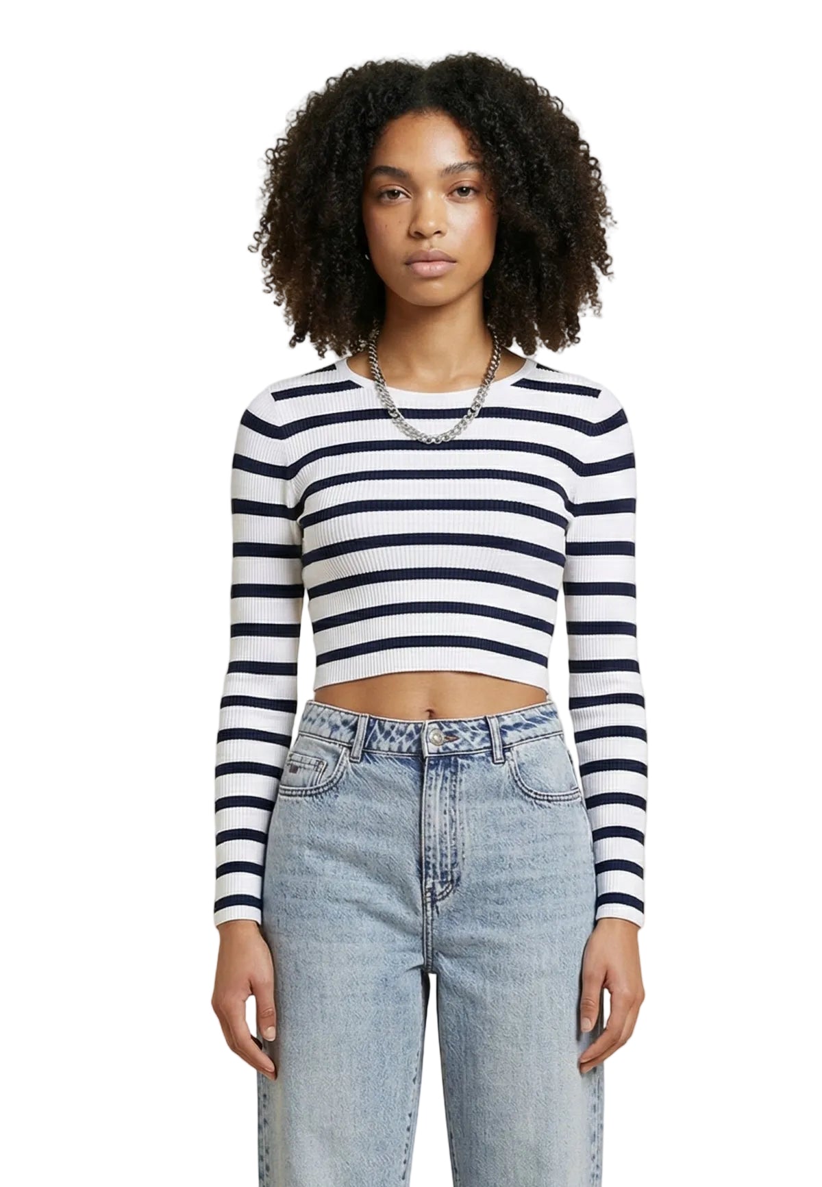 Maglione a righe bianco e nero a costine Only Onlmist girocollo, vestibilità slim e taglio corto, composizione in viscosa e nylon.