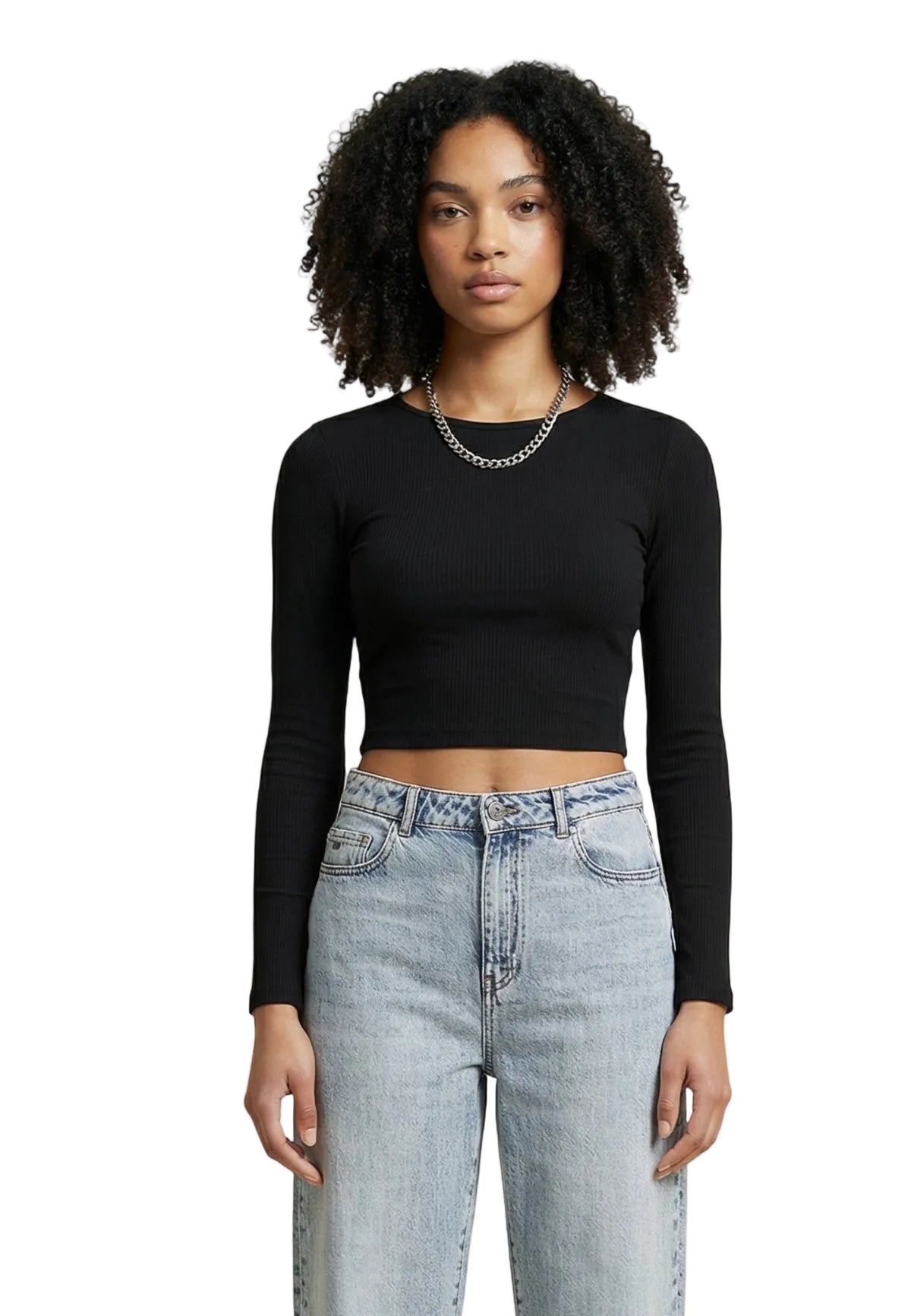 Maglione nero a costine Only Onlmist girocollo, vestibilità slim e taglio corto, composizione in viscosa e nylon.