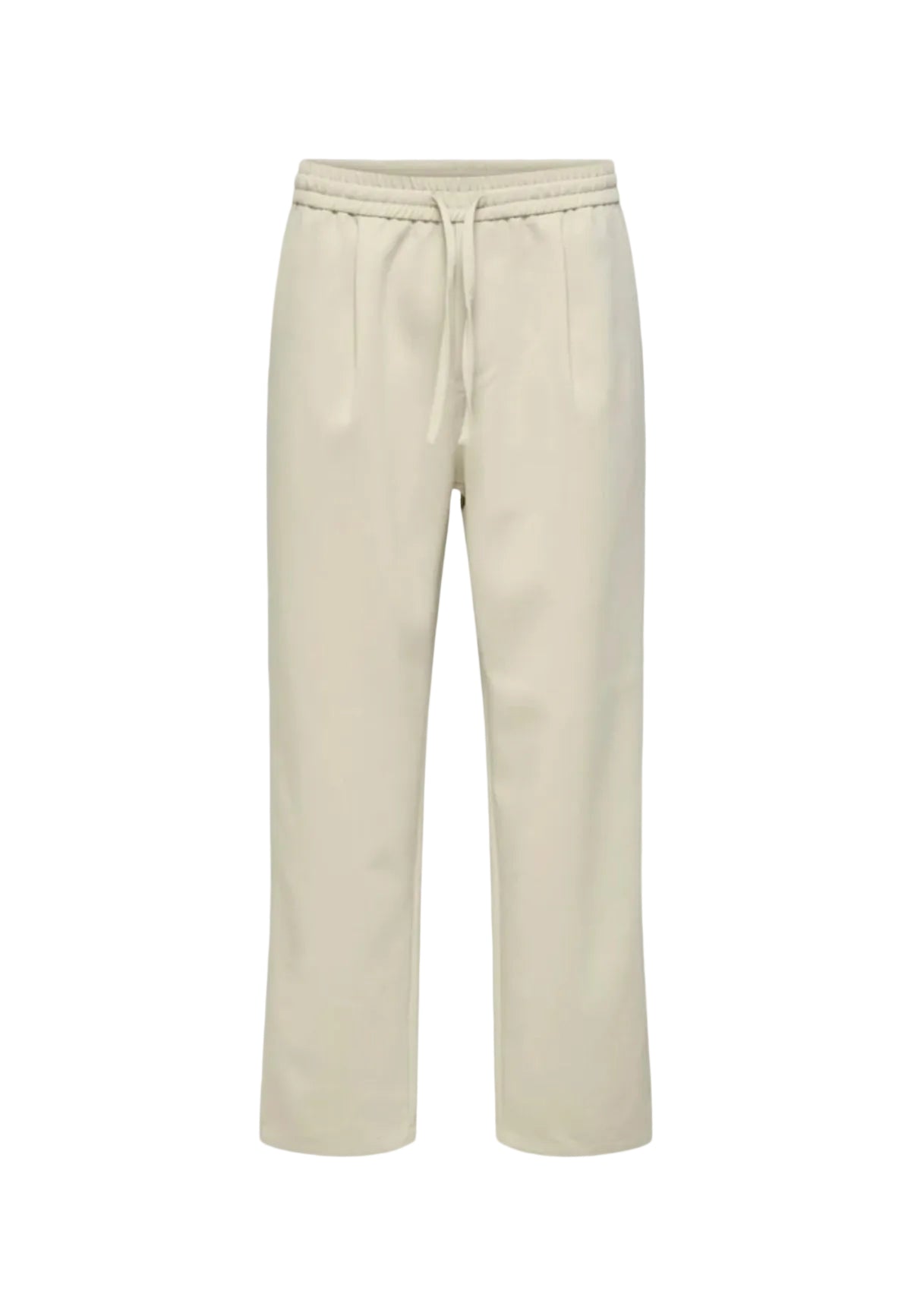 Pantaloni beige loose fit Only & Sons Onswill con coulisse e pieghe frontali, realizzati in poliestere riciclato e viscosa, ideali per look da ufficio rilassato.