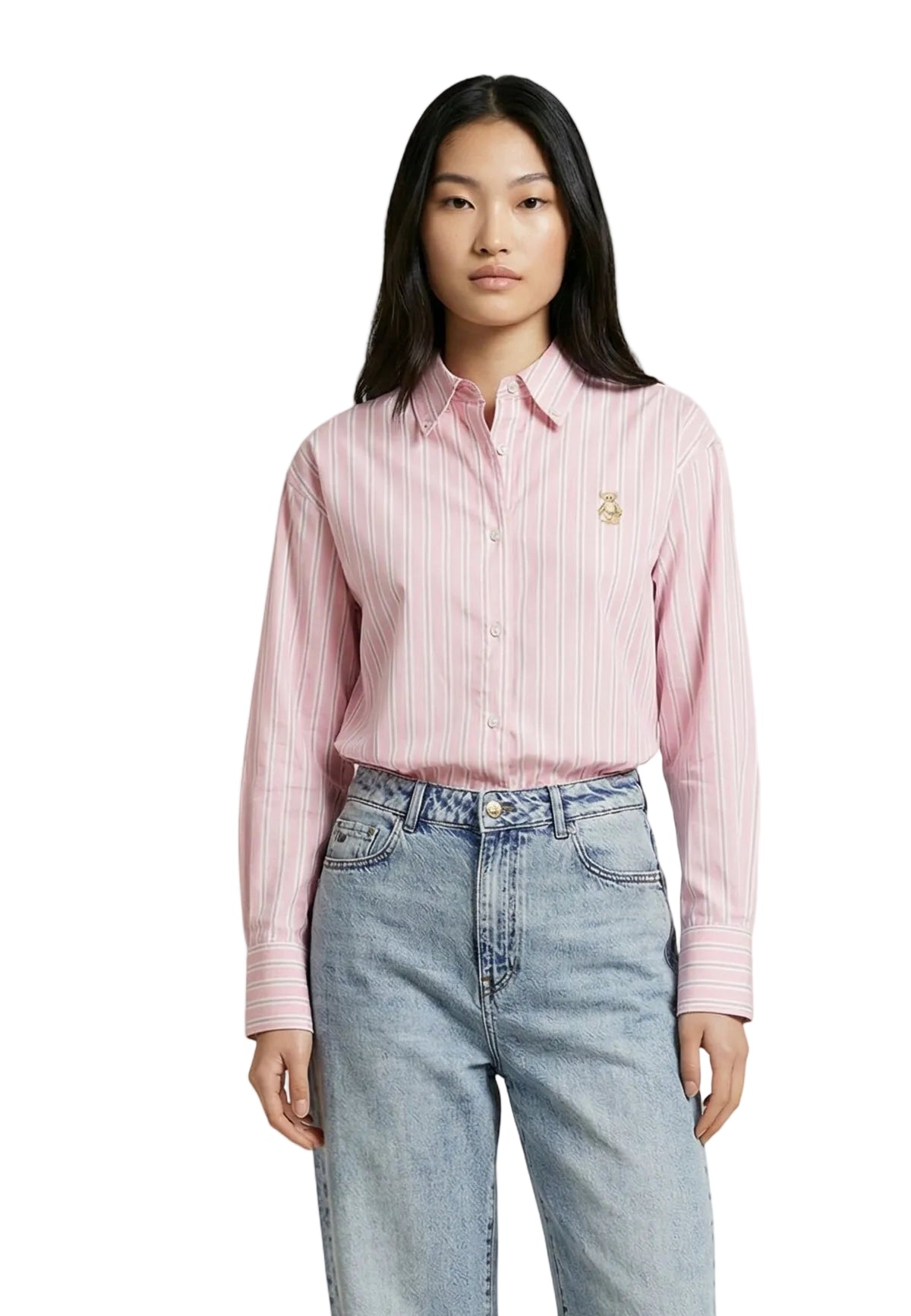 Camicia rosa regular fit Only Onlelara con ricamo sul petto, maniche lunghe con polsini e composizione in misto viscosa traspirante. Vista frontale Mezzo busto