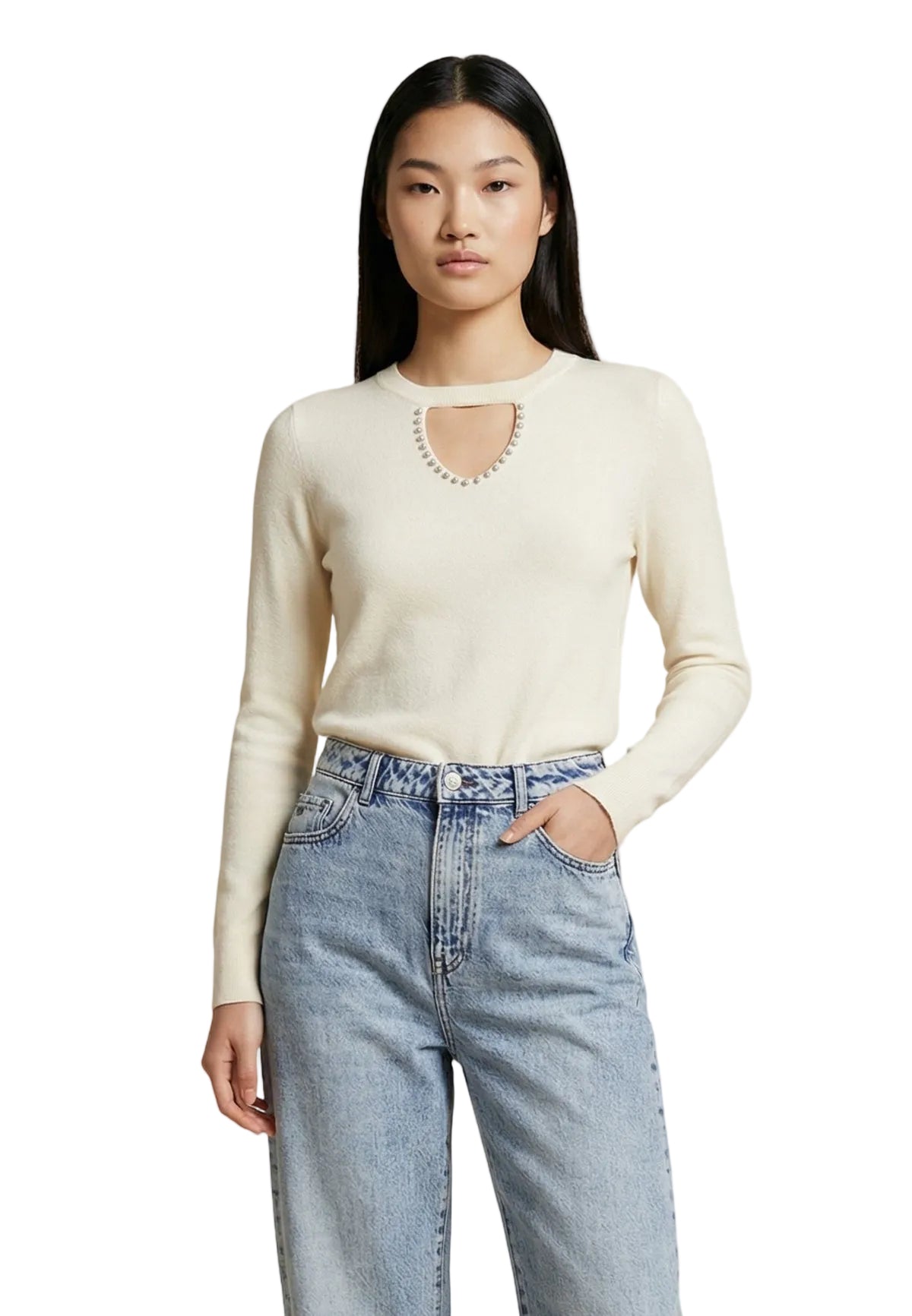 Maglione panna Only Onlvenice con scollo decorato da punti luce e taglio cut-out, maniche lunghe e tessuto morbido in viscosa e nylon. Vista frontale