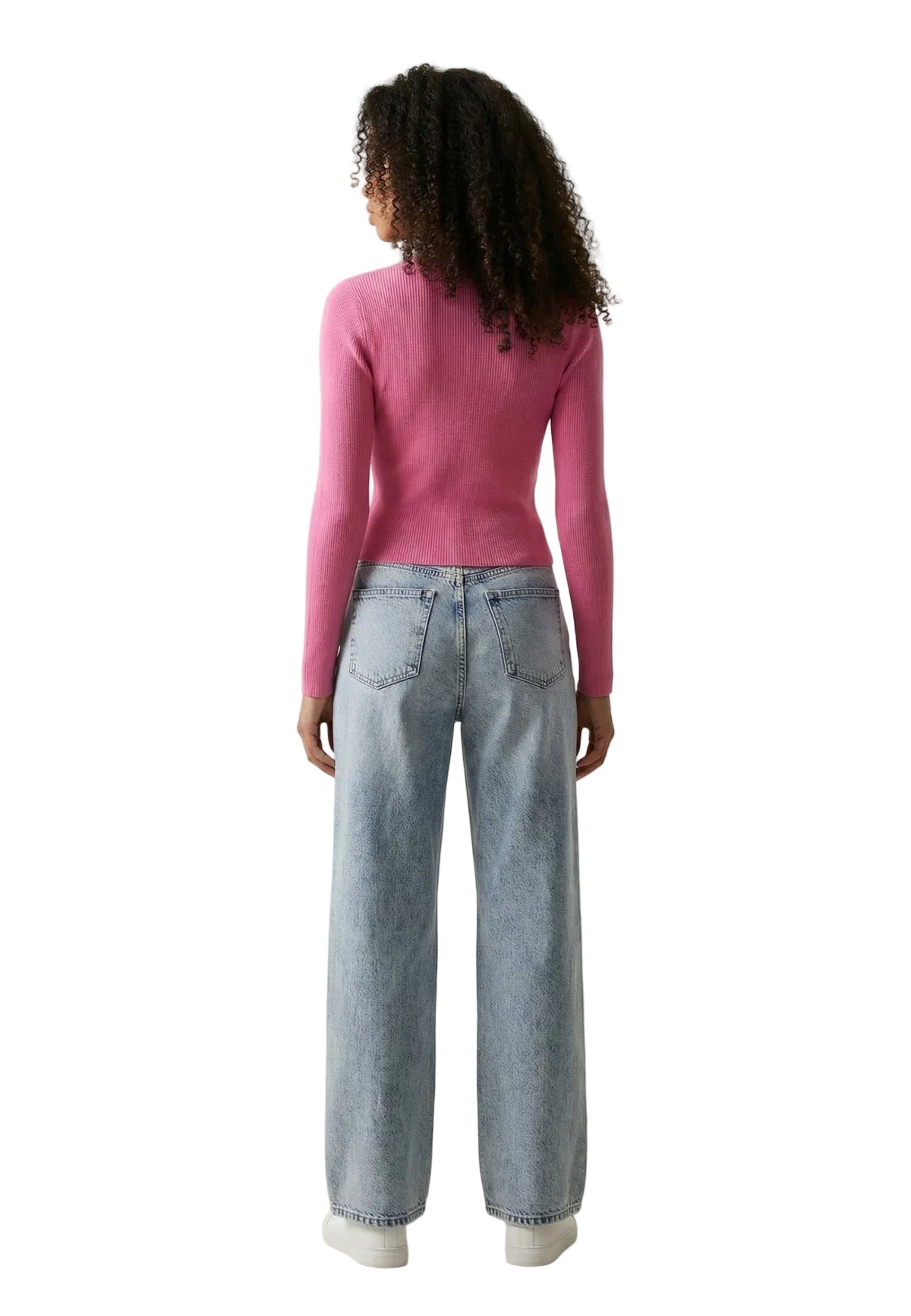 Cardigan rosa aderente Only Onlmist a costine con scollo a V e bottoni, realizzato in misto viscosa e nylon dalla mano morbida. Vista posteriore
