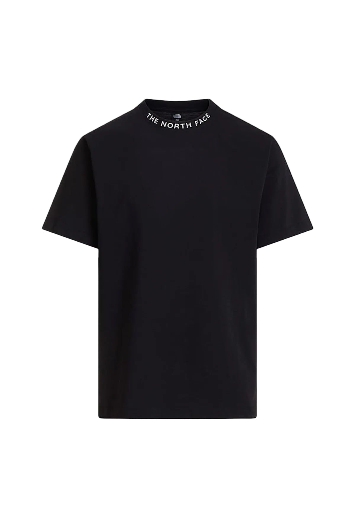T-shirt nera The North Face Zumu Relaxed Fit in 100% cotone con logo stampato sul colletto, design essenziale per il tempo libero e l'outdoor. Vista frontale stesa