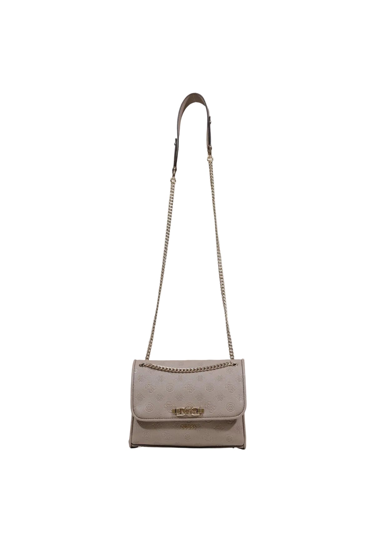 Borsa marrone Guess Anise Convertible con flap e logo in rilievo, tracolla a catena regolabile e chiusura a incastro, ideale per outfit eleganti. Figura frontale Con tracolla