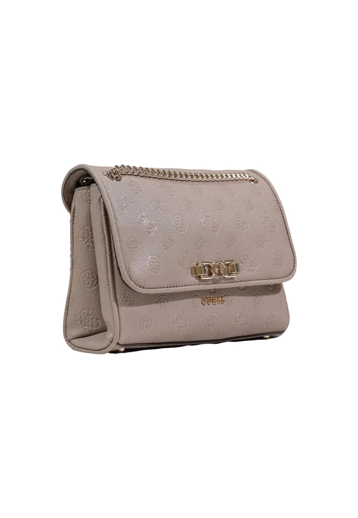 Borsa marrone Guess Anise Convertible con flap e logo in rilievo, tracolla a catena regolabile e chiusura a incastro, ideale per outfit eleganti. Figura frontale Laterale