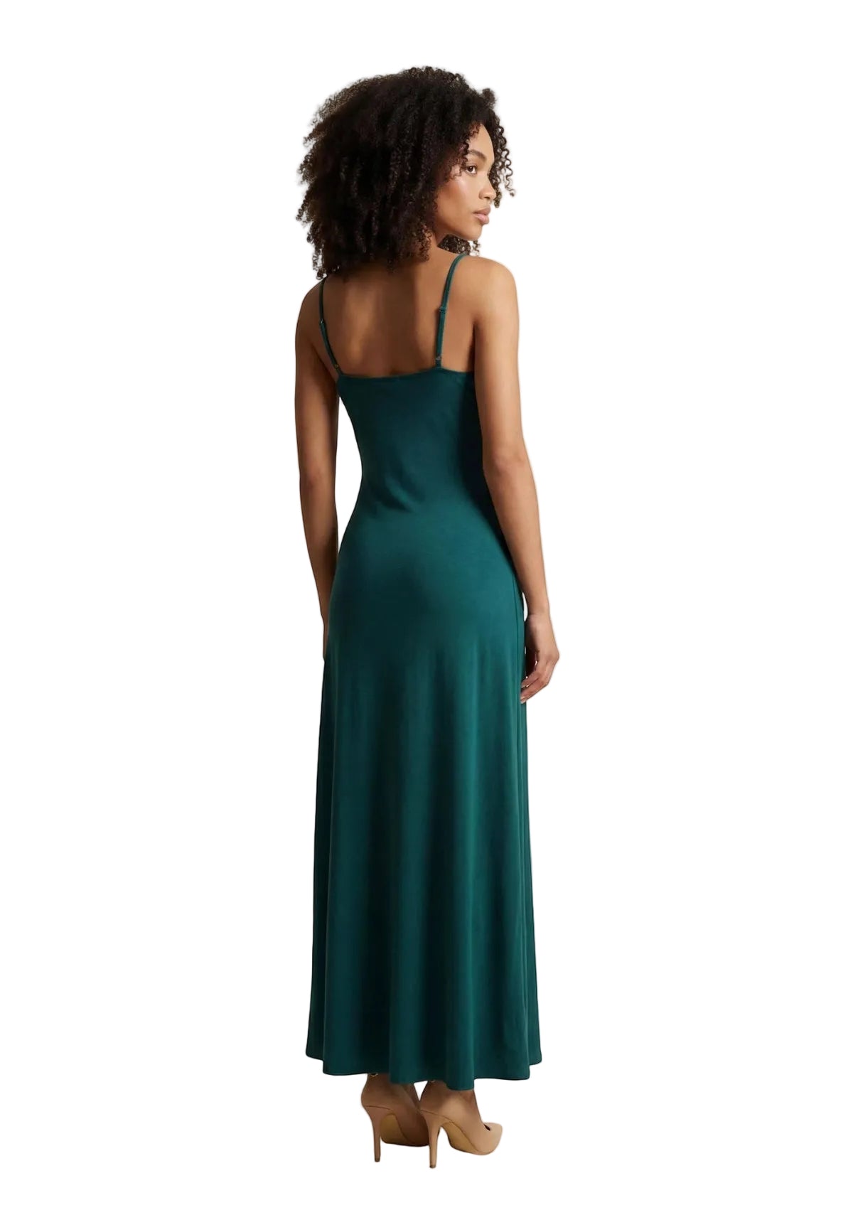 Abito midi verde Morgan De Toi Roiya, 100% poliestere leggero, scollatura a V e spalline regolabili; vestibilità fluida e design senza tempo per eventi formali. Vista posteriore