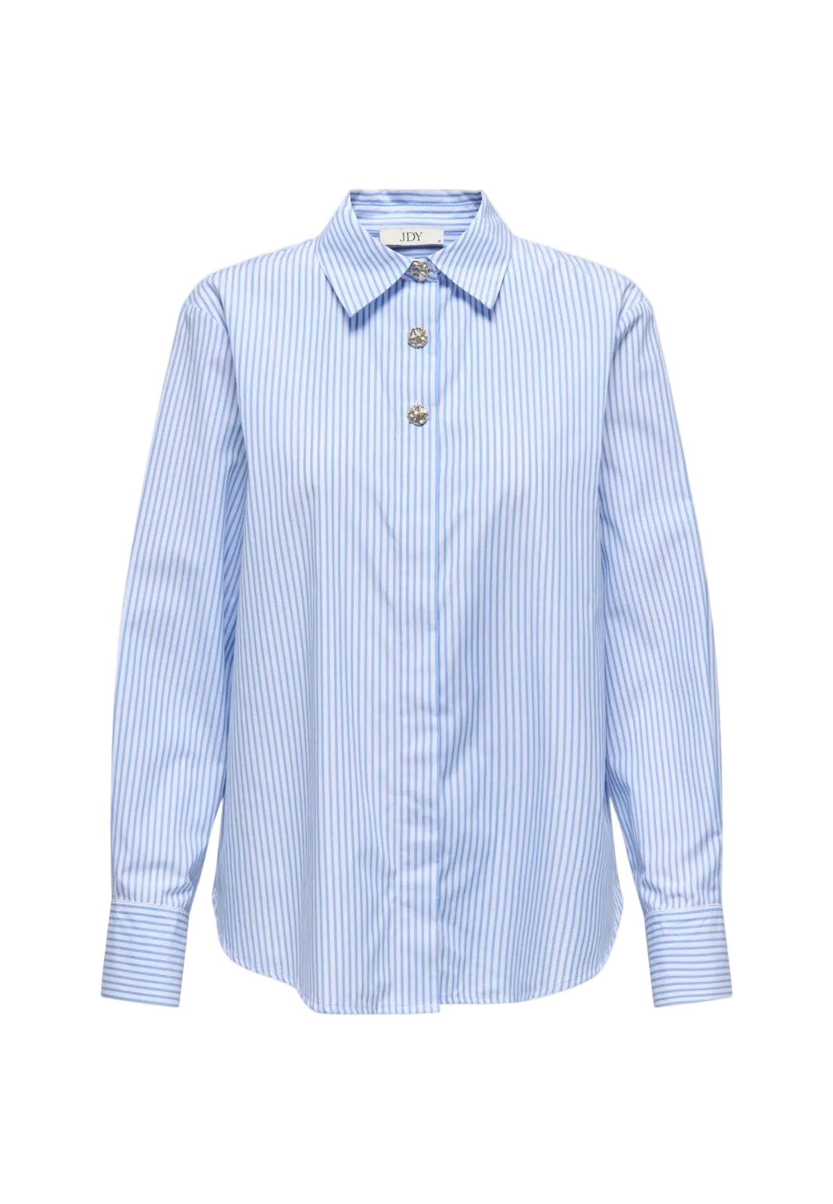 Camicia azzurra JDY Soho Loose Striped, maniche lunghe, design a righe verticali e vestibilità ampia; capo versatile in misto cotone, ideale da indossare aperta o chiusa. Vista frontale Stesa
