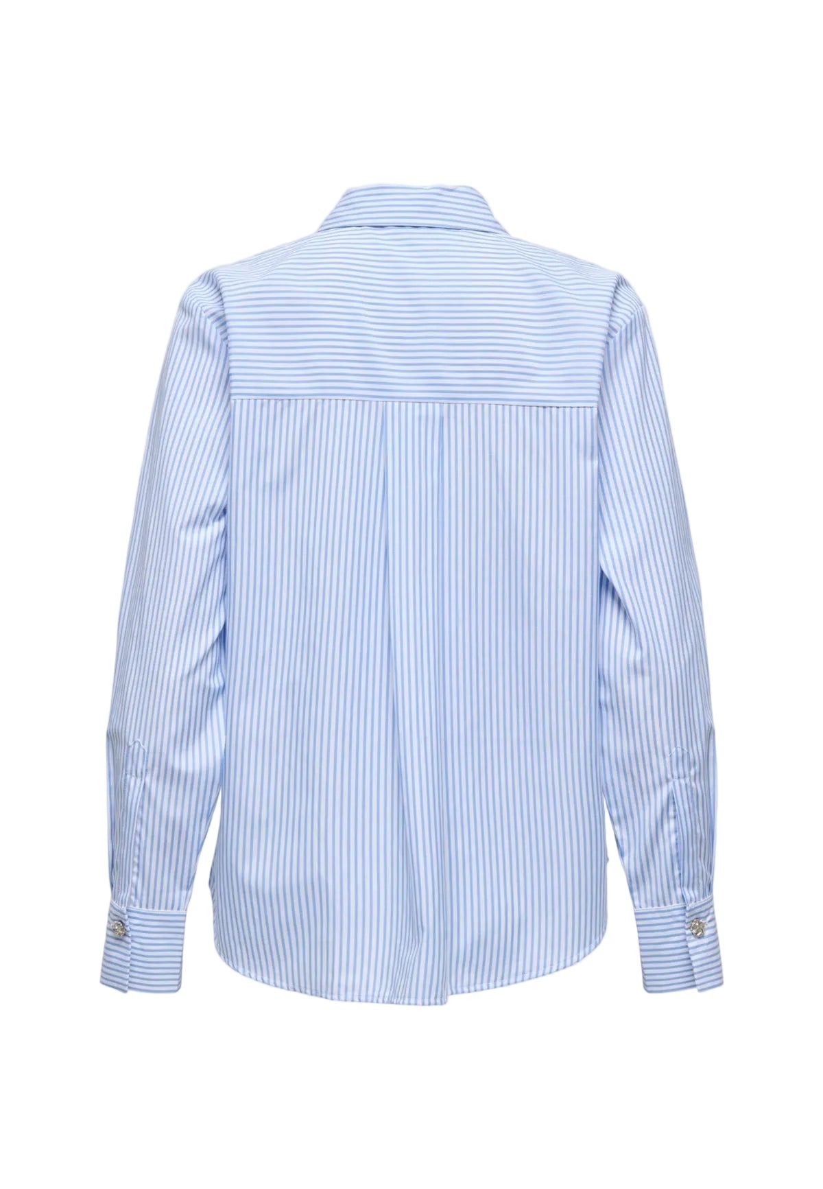 Camicia azzurra JDY Soho Loose Striped, maniche lunghe, design a righe verticali e vestibilità ampia; capo versatile in misto cotone, ideale da indossare aperta o chiusa. Vista posteriore stesa
