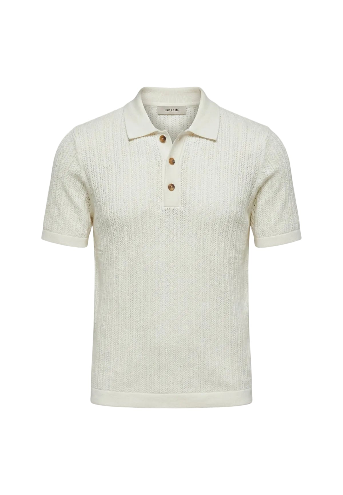 Polo beige Only & Sons Onsmoon Knit, 80% cotone e 20% nylon, texture in maglia fine e chiusura a tre bottoni; maglia polo leggera dalla vestibilità regular e stile ricercato. Vista frontale Stesa