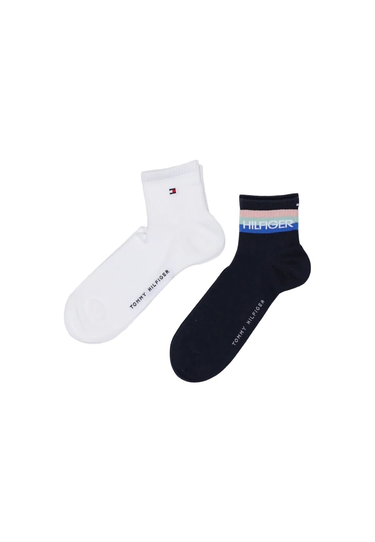 Calzini bianchi Tommy Hilfiger TH Men Quarter 2P Sport, misto cotone traspirante con logo ricamato e scritte distintive; pack da 2 paia con rinforzo su tallone e punta. Vista frontale Due paia