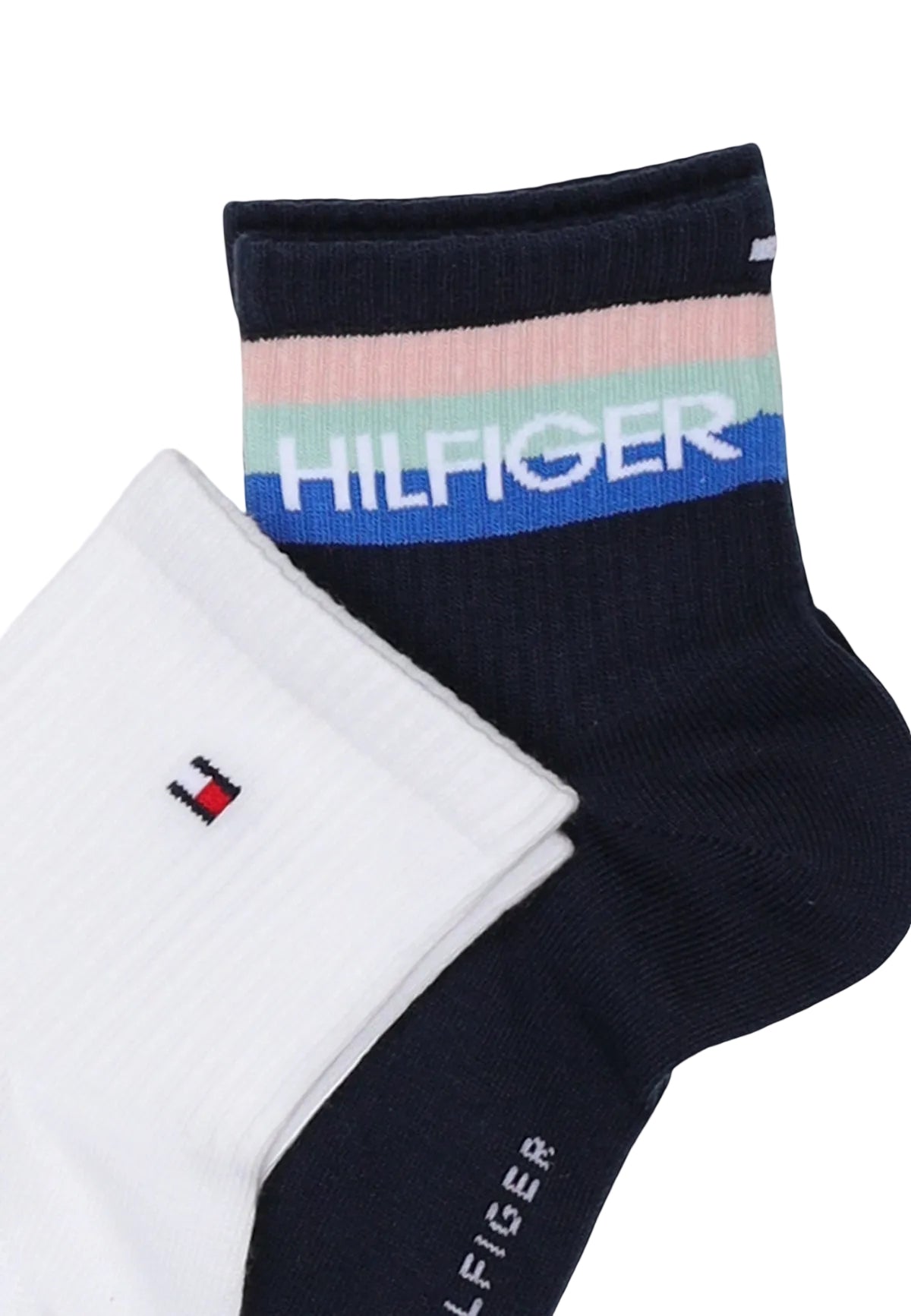 Calzini bianchi Tommy Hilfiger TH Men Quarter 2P Sport, misto cotone traspirante con logo ricamato e scritte distintive; pack da 2 paia con rinforzo su tallone e punta. Vista frontale Dettaglio