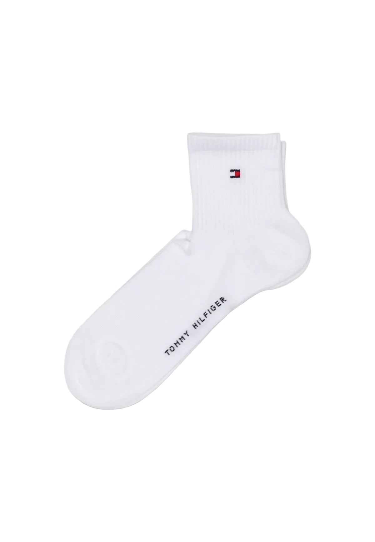 Calzini bianchi Tommy Hilfiger TH Men Quarter 2P Sport, misto cotone traspirante con logo ricamato e scritte distintive; pack da 2 paia con rinforzo su tallone e punta. Vista frontale Paio bianco con logo