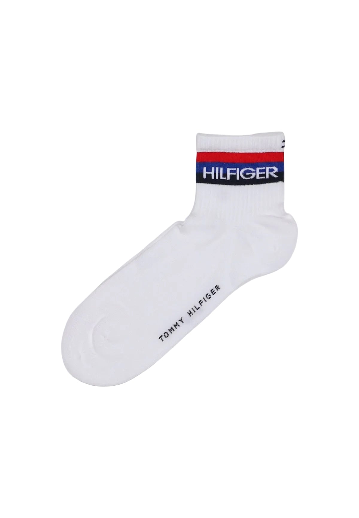 Calzini bianchi Tommy Hilfiger TH Men Quarter 2P Sport, misto cotone traspirante con logo ricamato e scritte distintive; pack da 2 paia con rinforzo su tallone e punta. Vista frontale un paio con scritta