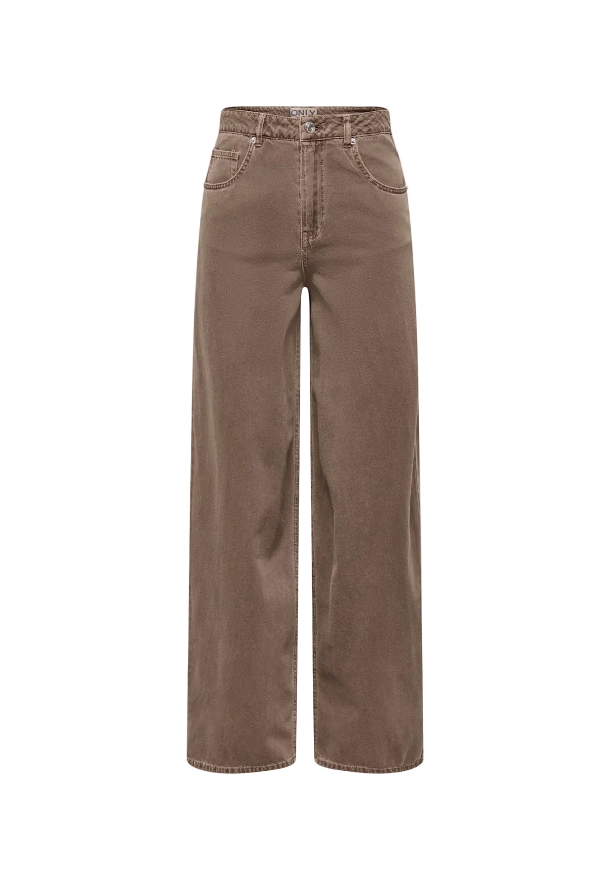 Pantaloni marroni Only Onltaylor-Silla Barrel Pnt, 100% cotone, vita alta e gamba ampia sagomata; design con tasche posteriori e vestibilità ampia per un look trendy e confortevole. Vista frontale Stesa