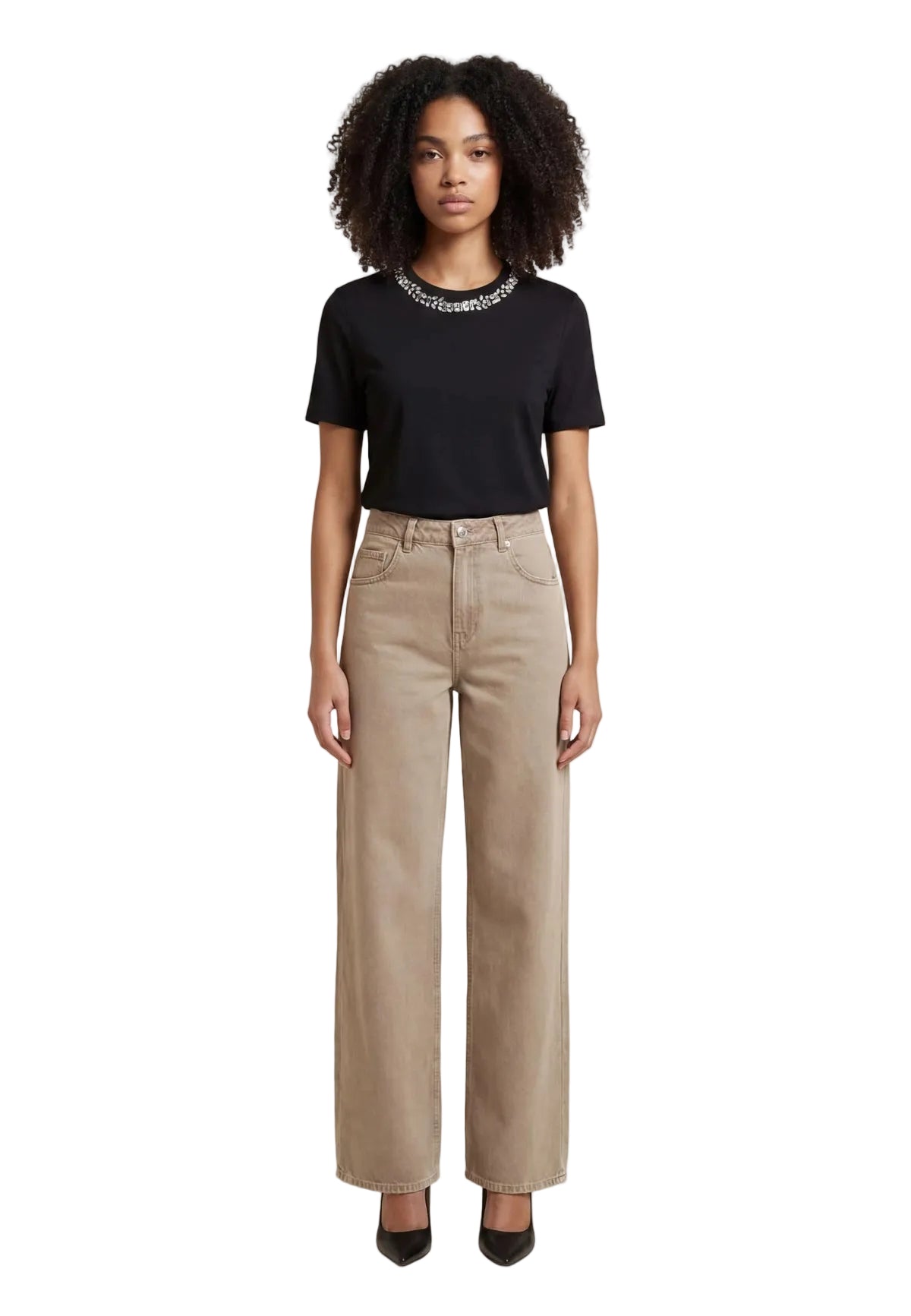 Pantaloni marroni Only Onltaylor-Silla Barrel Pnt, 100% cotone, vita alta e gamba ampia sagomata; design con tasche posteriori e vestibilità ampia per un look trendy e confortevole. Vista frontale Intera