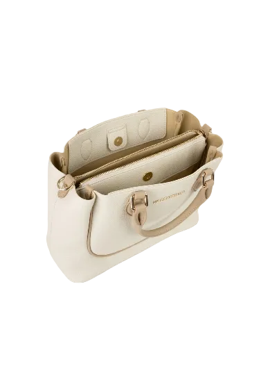 Borsa beige Valentino Bags Daphne RE, ampia shopping bag con superficie goffrata, dettagli gold e tracolla regolabile; scomparto principale sicuro con zip, ideale per ufficio e tempo libero. Vista frontale Aperta