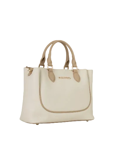 Borsa beige Valentino Bags Daphne RE, ampia shopping bag con superficie goffrata, dettagli gold e tracolla regolabile; scomparto principale sicuro con zip, ideale per ufficio e tempo libero. Vista frontale Laterale