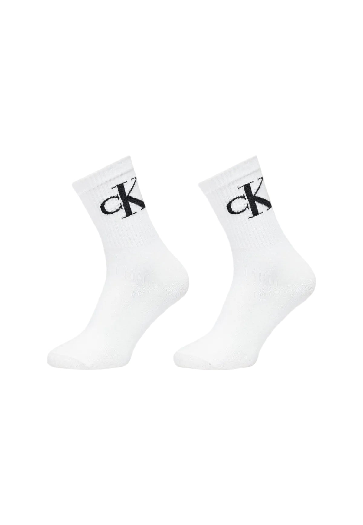 Pack 2 paia calze Bianco donna Calvin Klein Jeans, 68% cotone con finitura elasticizzata e logo monogramma; vestibilità morbida e resistente per l'uso quotidiano. Vista frontale laterale