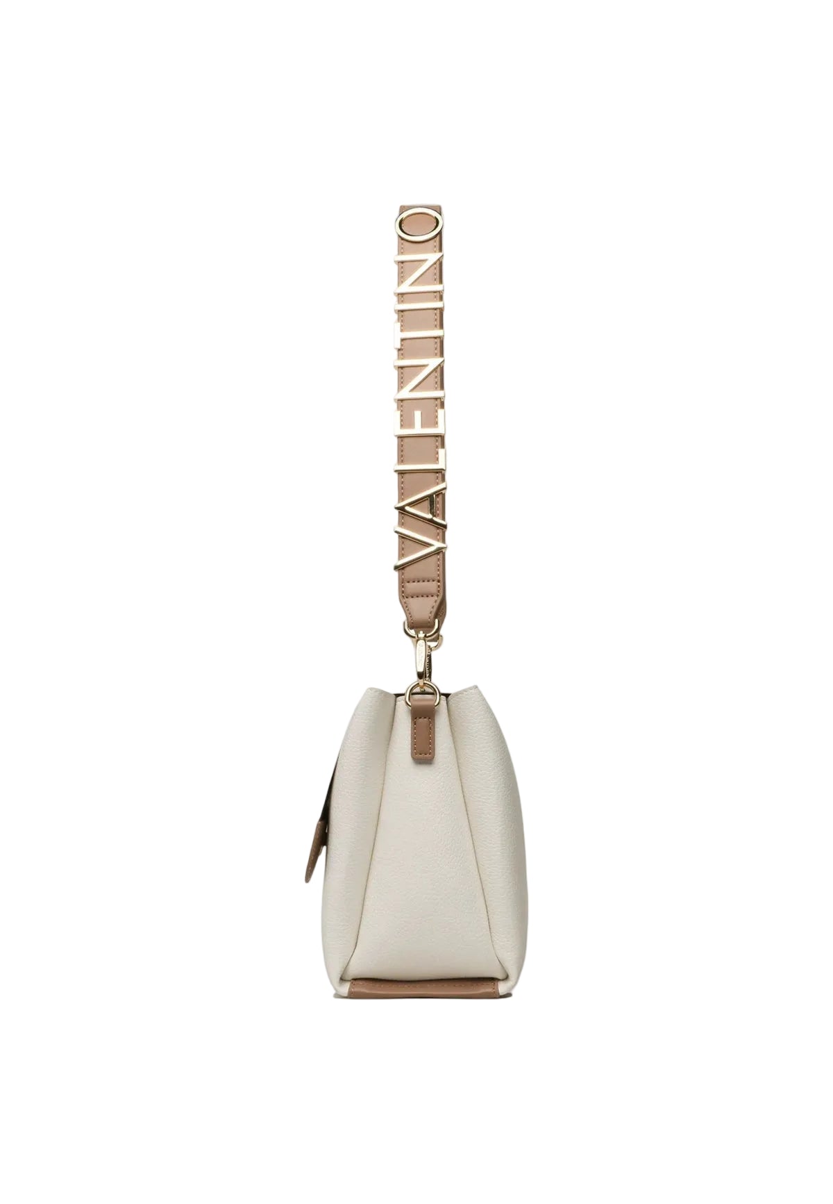 Borsa bianca Valentino Alexia VBS5A803, chiusura a patta con logo e tracolla speciale con lettere iconiche; borsa media versatile con interno organizzato e finiture premium. Vista laterale con tracolla logo