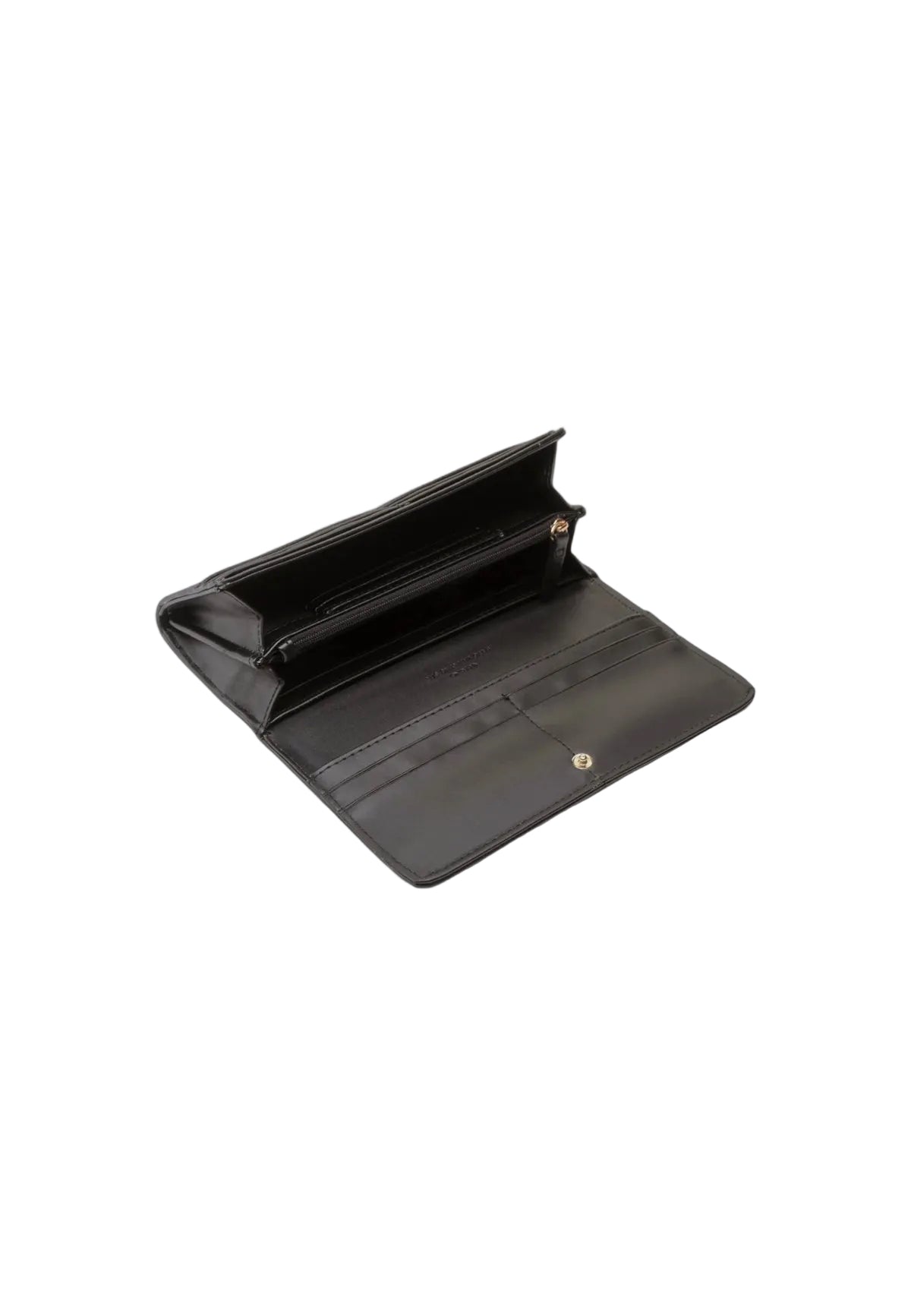 Portafoglio nero Valentino Bags Alexia VPS5A8113, grande formato a patta con logo frontale; interno organizzato per carte e banconote, stile elegante e versatile. Vista frontale Aperto