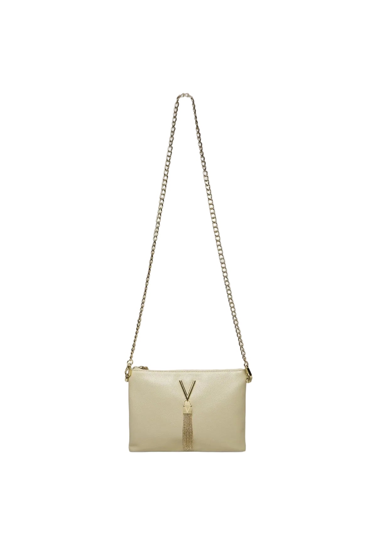 Valentino nera Bags Divina VBS1R419G, pochette con tracolla a catena e nappina dorata; design effetto martellato con chiusura a zip, accessorio versatile per cerimonie o uso quotidiano. Vista frontale Con tracolla