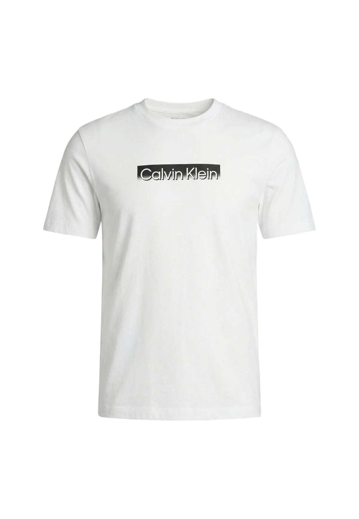 T-shirt nera Calvin Klein LV04LF812G, 100% cotone, vestibilità regular; maglia a maniche corte con logo centrale stampato, stile contemporaneo e versatile. Vista frontale Stesa
