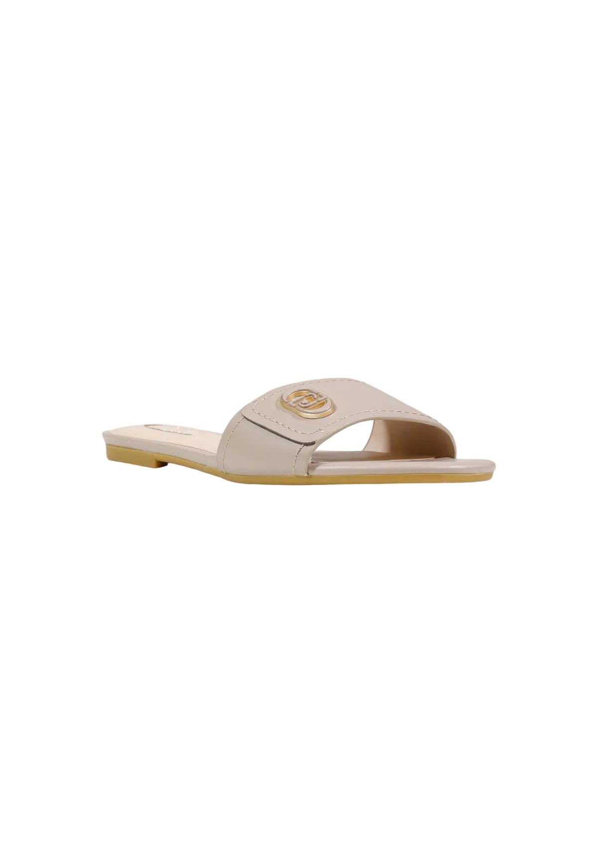 Liu-Jo Sandy 03 Slipper SA6127P0102, sandali beige bassi in 100% pelle con applicazione logo metallico; suola leggera, calzata slip-on e finiture artigianali di alta qualità. Vista frontale