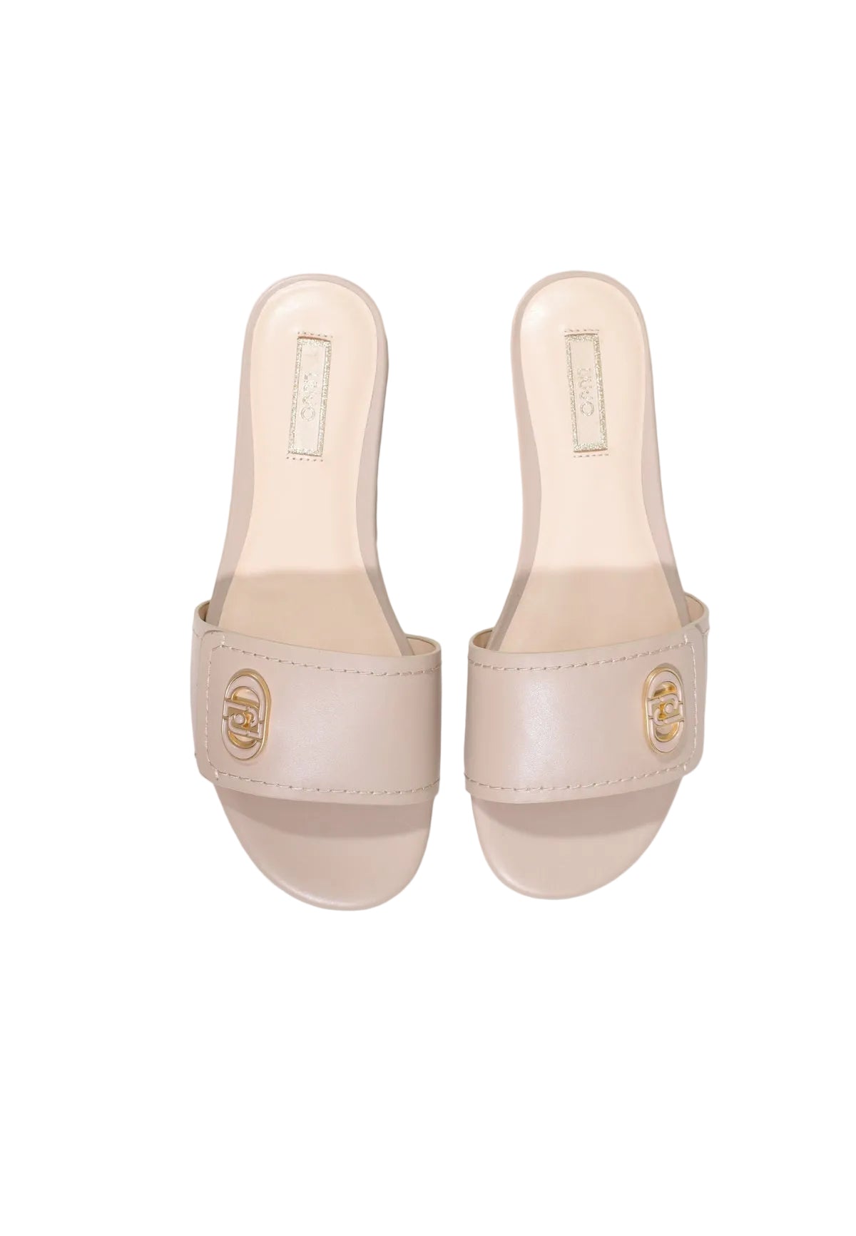 Liu-Jo Sandy 03 Slipper SA6127P0102, sandali beige bassi in 100% pelle con applicazione logo metallico; suola leggera, calzata slip-on e finiture artigianali di alta qualità. Vista dall’alto