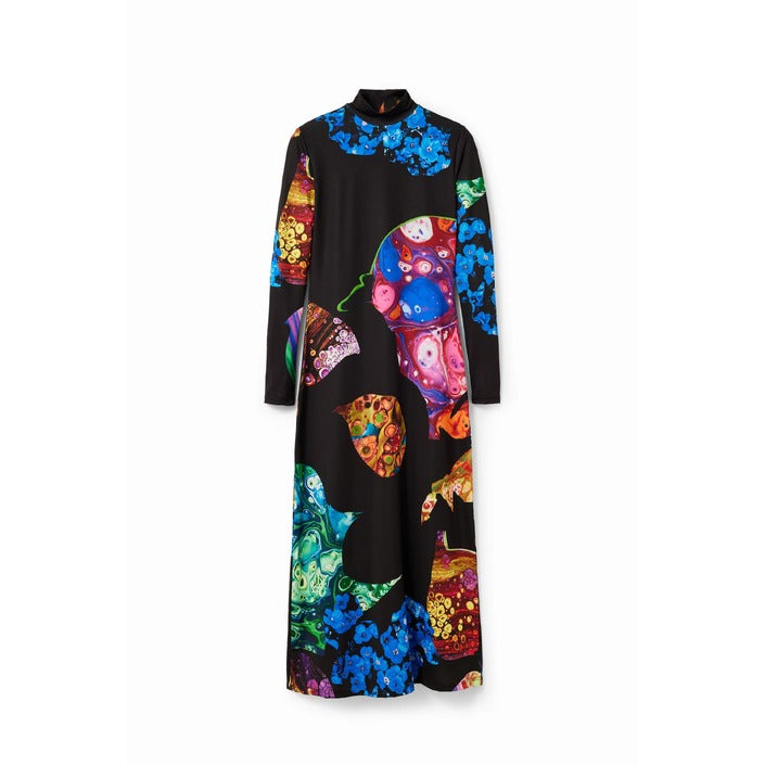 Desigual Abito Lungo Donna Nero Stampa con Maniche Lunghe Scollo Alto in Poliestere 95% Elastan 5% 23WWVK06