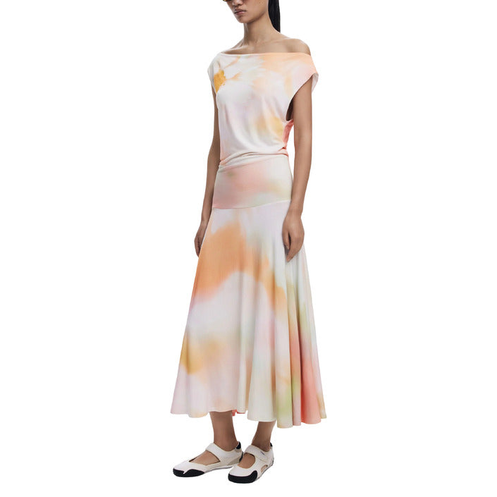 Desigual Abito Lungo Donna Arancione Smanicato con Scollo a Barca in Viscosa 96% Elastan 4% 25WWVKX5