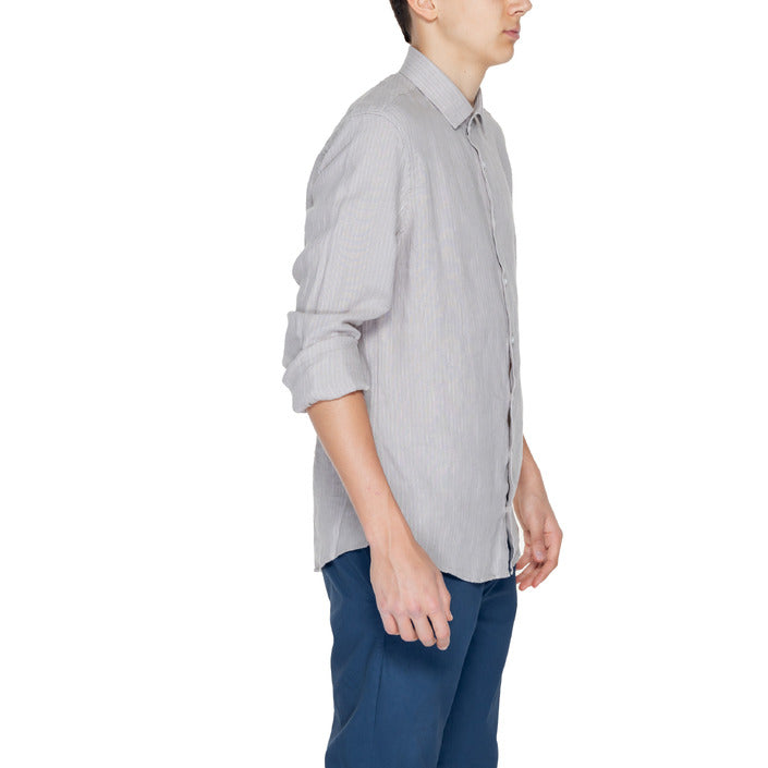 Calvin Klein Camicia Uomo Beige Gessato Manica Lunga Bottoni Colletto Classico 100% Lino Primavera/Estate K10K112887