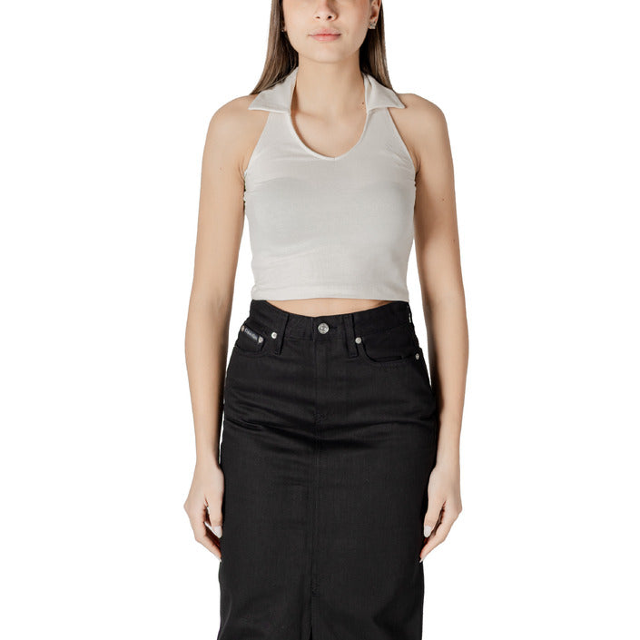Calvin Klein Jeans Top Donna Beige Smanicato Scollo a V Colletto Classico 97% Cotone 3% Elastan Primavera/Estate J20J225320