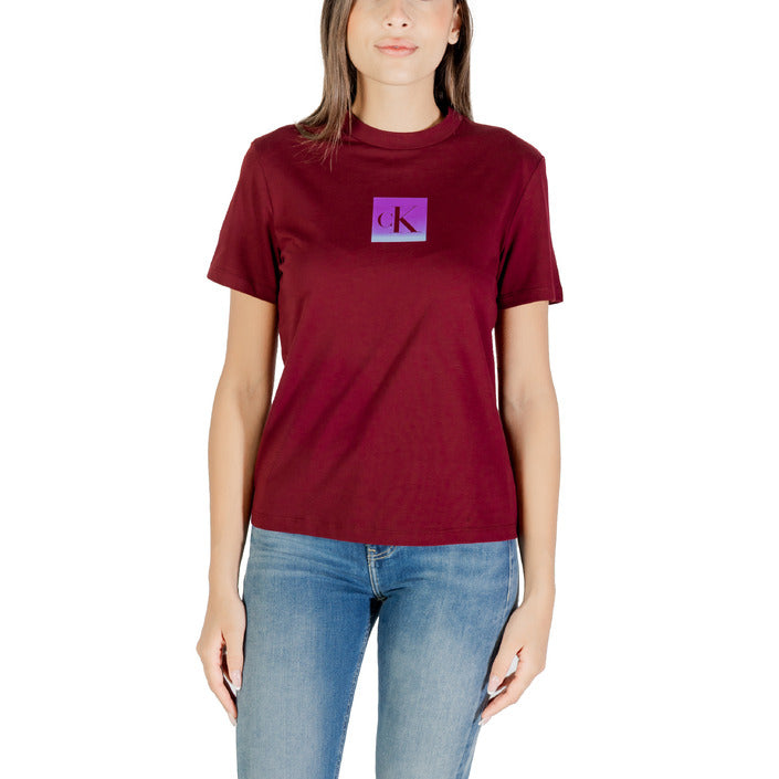 Calvin Klein Jeans T-Shirt Donna Bordeaux Maniche Corte Scollo Tondo Cotone 100% LV047C864G