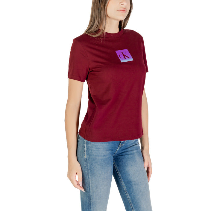 Calvin Klein Jeans T-Shirt Donna Bordeaux Maniche Corte Scollo Tondo Cotone 100% LV047C864G