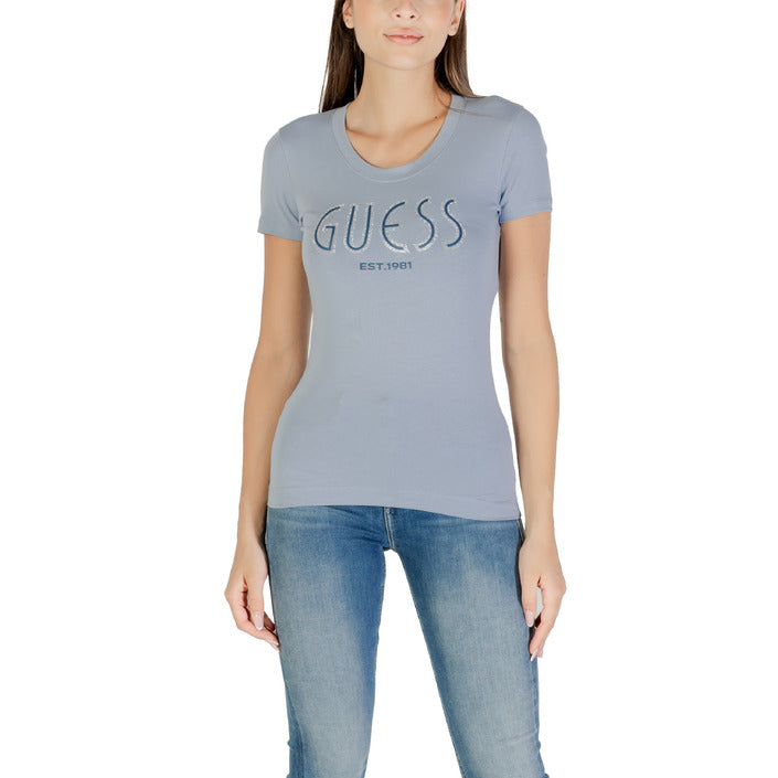 Guess T-Shirt Donna Azzurra Stampa Manica Corta Scollo Tondo 95% Cotone 5% Elastan Primavera/Estate W5YI05 J1314