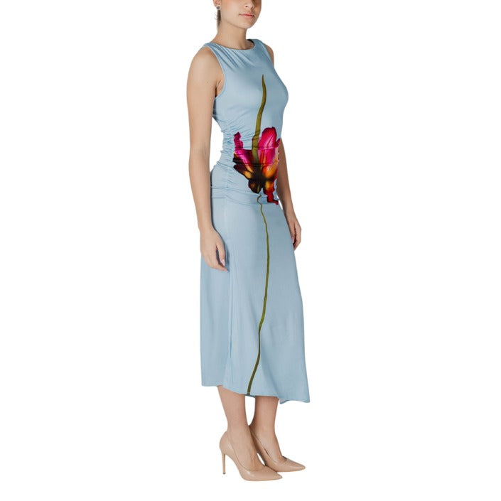 Desigual Abito Lungo Donna Azzurro Floreale in Cotone 97% Smanicato Scollo a Barca 25SWVW07