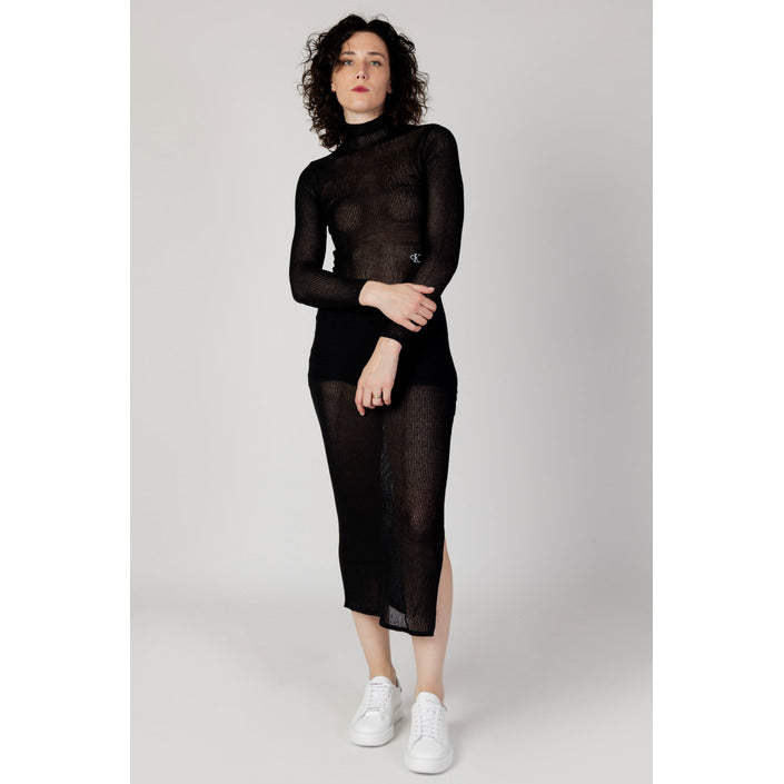 Calvin Klein Jeans Abito Lungo Donna Nero con Maniche Lunghe in Acrilico 63% Poliammide 37% J20J222275