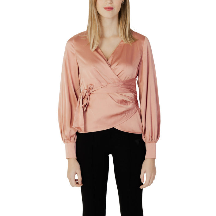 Guess Blusa Donna Rosa Monocromo Lacci Maniche Lunghe Scollo V Poliestere 96% Lycra 4% W3RH26WEFC2