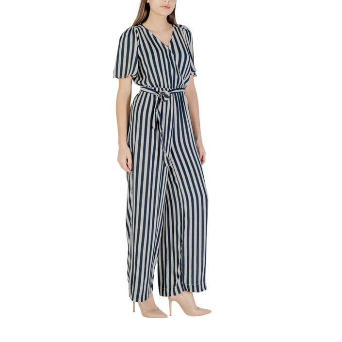 Ichi Tuta Donna Blu a Righe con Bottone Maniche Corte Scollo a V in Viscosa 100% 20122954