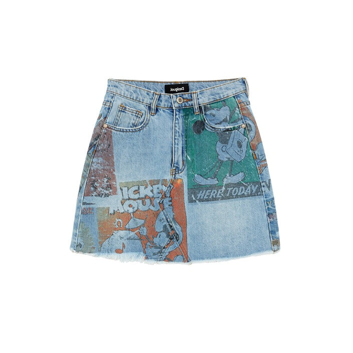 Desigual Mickey Mouse Gonna Donna Blu Stampa Zip Bottone Tasche 100% Cotone Autunno/Inverno 21WWFD07