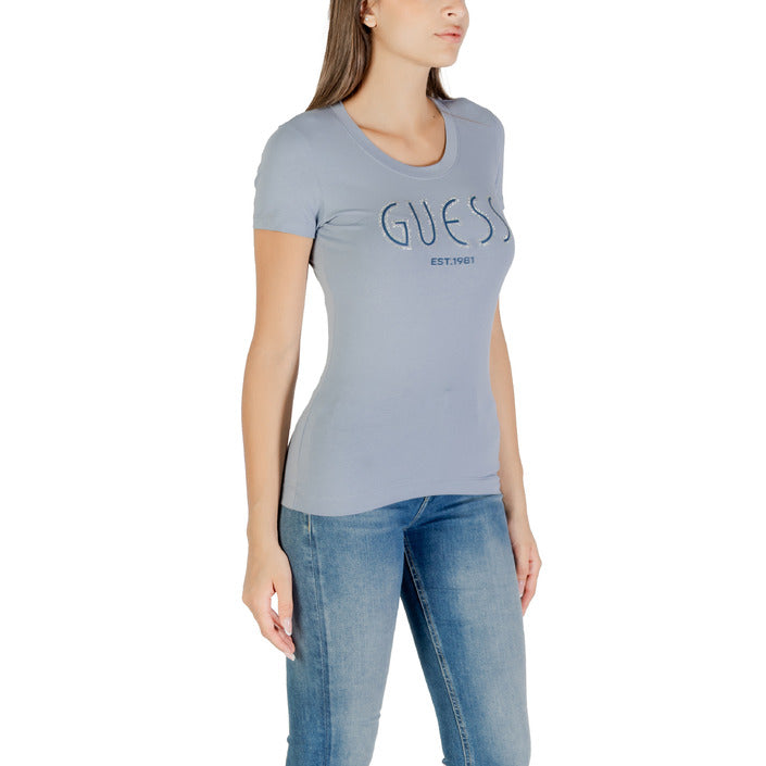Guess T-Shirt Donna Azzurra Stampa Manica Corta Scollo Tondo 95% Cotone 5% Elastan Primavera/Estate W5YI05 J1314