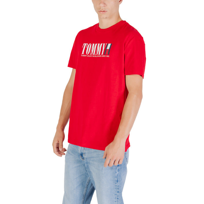 Tommy Hilfiger Jeans T-Shirt Uomo Rossa Stampa Manica Corta Scollo Tondo Cotone Organico 100% Primavera/Estate DM0DM21941