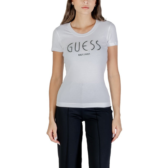 Guess T-Shirt Donna Azzurra Stampa Manica Corta Scollo Tondo 95% Cotone 5% Elastan Primavera/Estate W5YI05 J1314