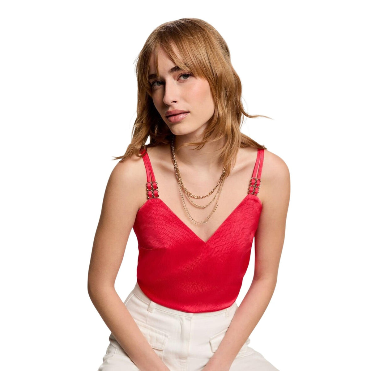 Morgan De Toi 242-OLAFI; top brassiere scollo a V, spalline con pietre gioiello, vestibilità stretch. L'essenziale luminoso per i tuoi outfit da sera. Colore corallo. Vista frontale
