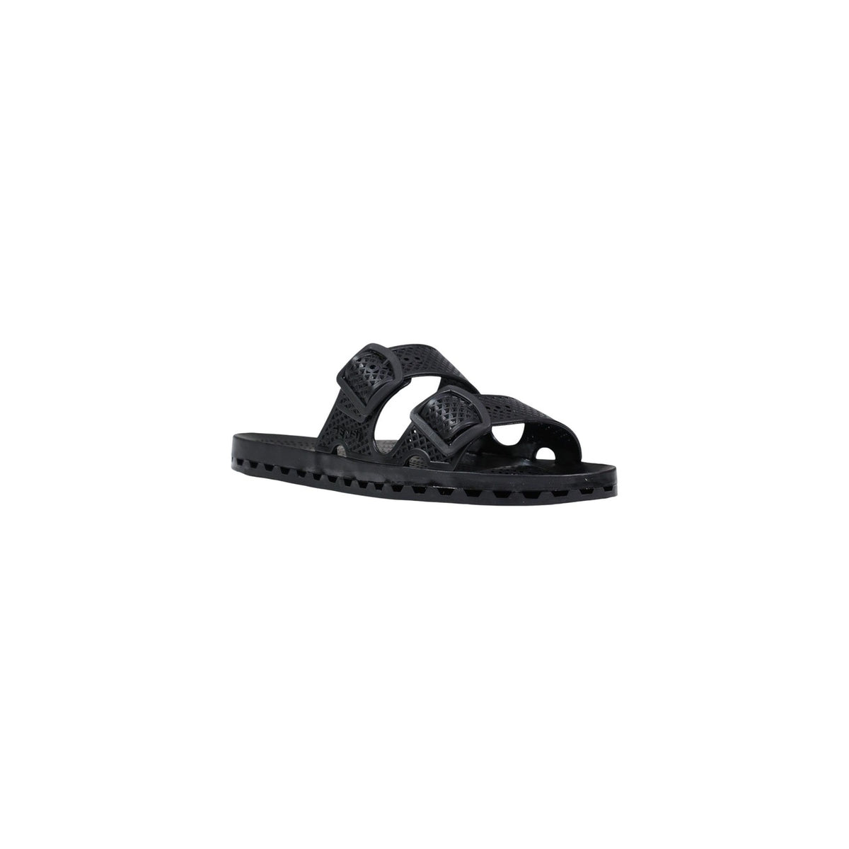 Slide Sensi La Jolla Urban Nere; 100% PVC. Doppia fascia regolabile, suola ergonomica traforata anti-ristagno, altezza 2 cm. Leggere, ultra-resistenti e lavabili. Design Made in Italy. Frontale