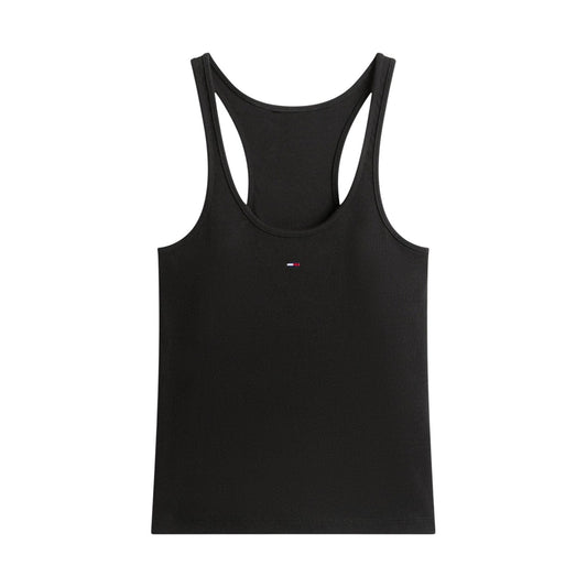 Canotta Tommy Hilfiger Jeans; Nero, Cotone Stretch a coste. Schiena incrociata, slim fit, logo ricamato. Traspirante e modellante, ideale per la stagione Primavera/Estate. Vista stesa